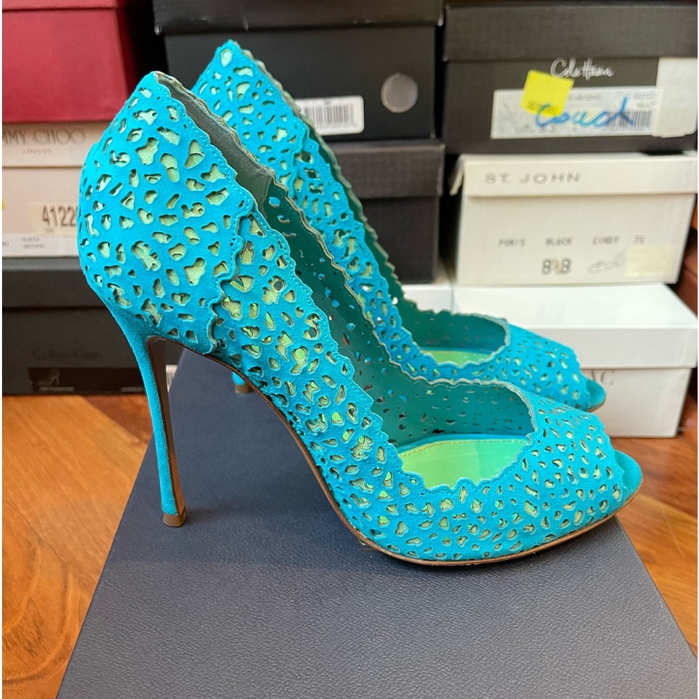 Sergio Rossi 2-tone Suede Peep Toe Heels, Size 39EU/9US, Aqua/Teal